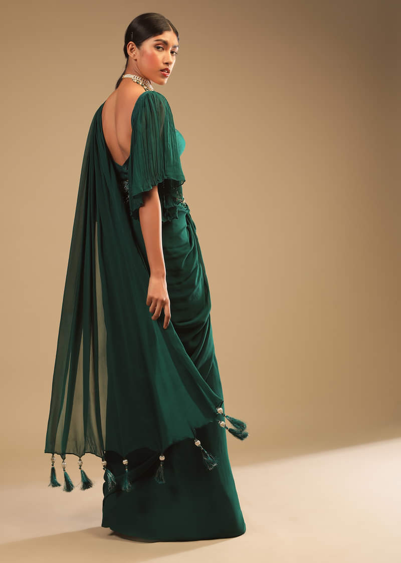 Emerald Green Ready To Wear Saree In Georgette With Bell Sleeves Crop Top And Chunky Embroidered Belt  