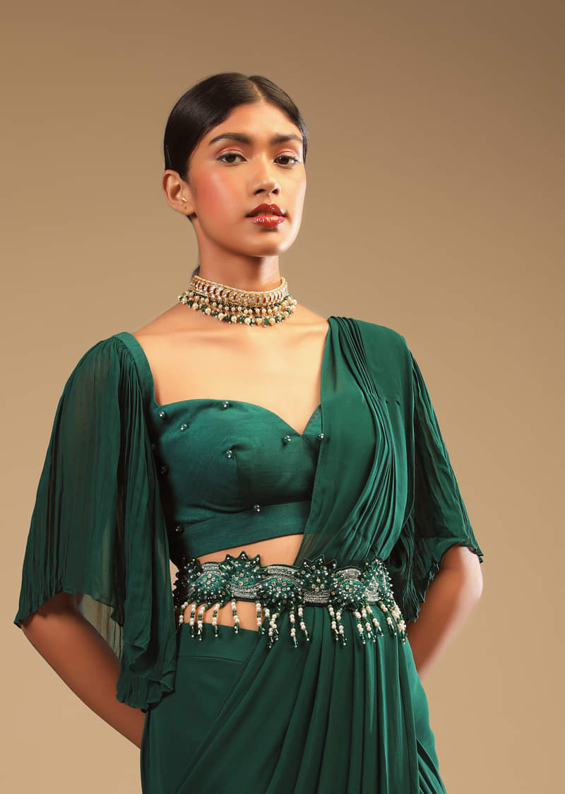 Emerald Green Ready To Wear Saree In Georgette With Bell Sleeves Crop Top And Chunky Embroidered Belt  