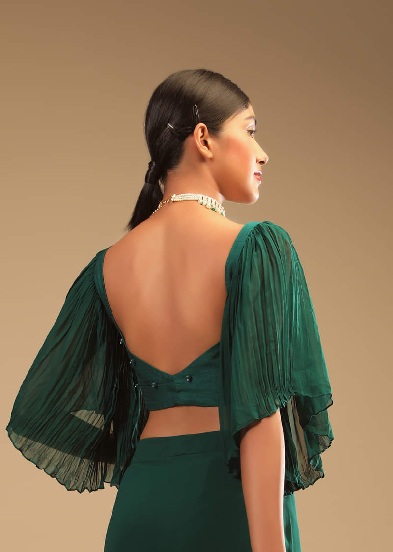 Emerald Green Ready To Wear Saree In Georgette With Bell Sleeves Crop Top And Chunky Embroidered Belt  