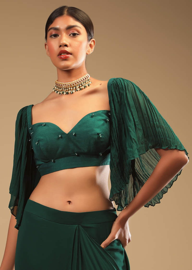 Emerald Green Ready To Wear Saree In Georgette With Bell Sleeves Crop Top And Chunky Embroidered Belt  