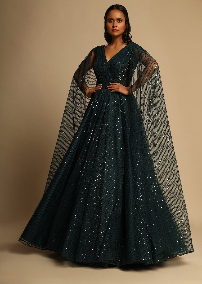 Buy Emerald Green Gown In Net With Sequins Embellished Stripes And Attached Drape KALKI Fashion India