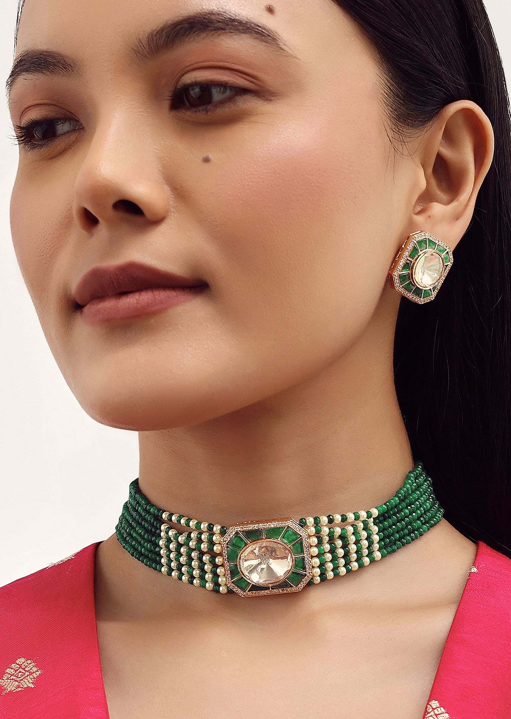 Emerald Stone Earrings And Polki Choker Set With In Mix Metal