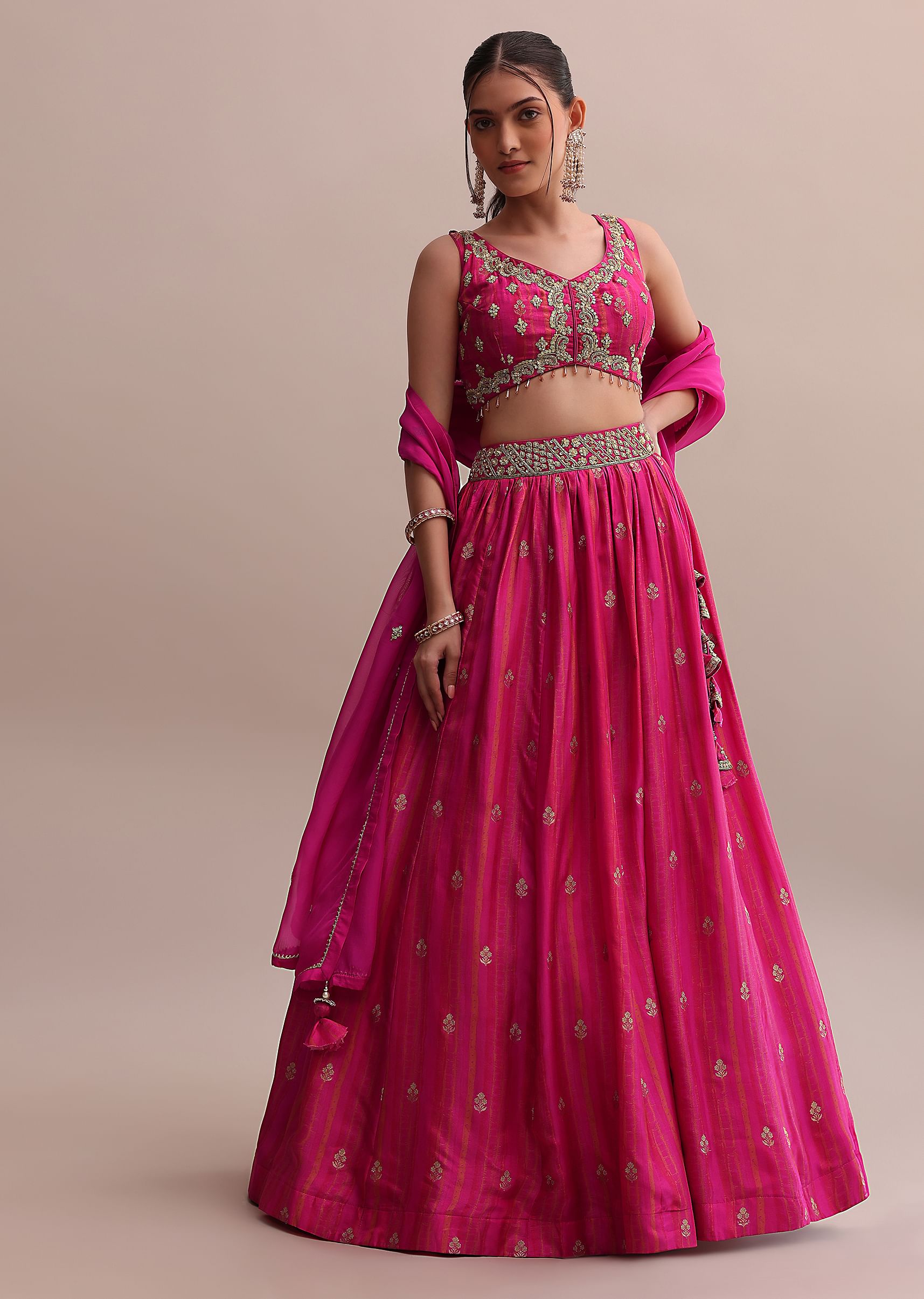 Buy Enchanting Pink Chinnon Lehenga Set With Zardosi Embroidered Choli And A Dupatta