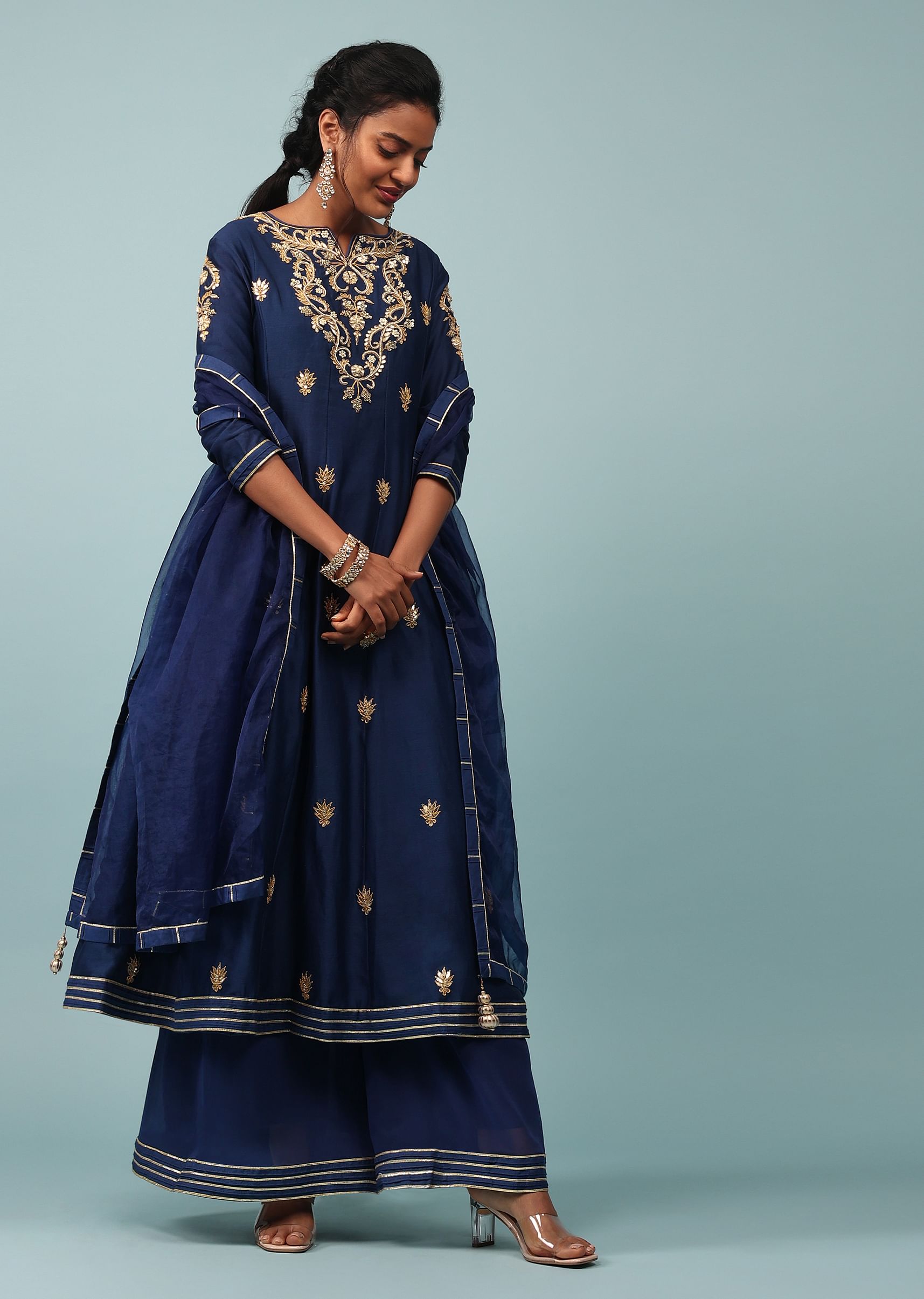 Buy Estate Blue Embroidered Palazzo Suit Set In Cotton Silk KALKI Fashion India