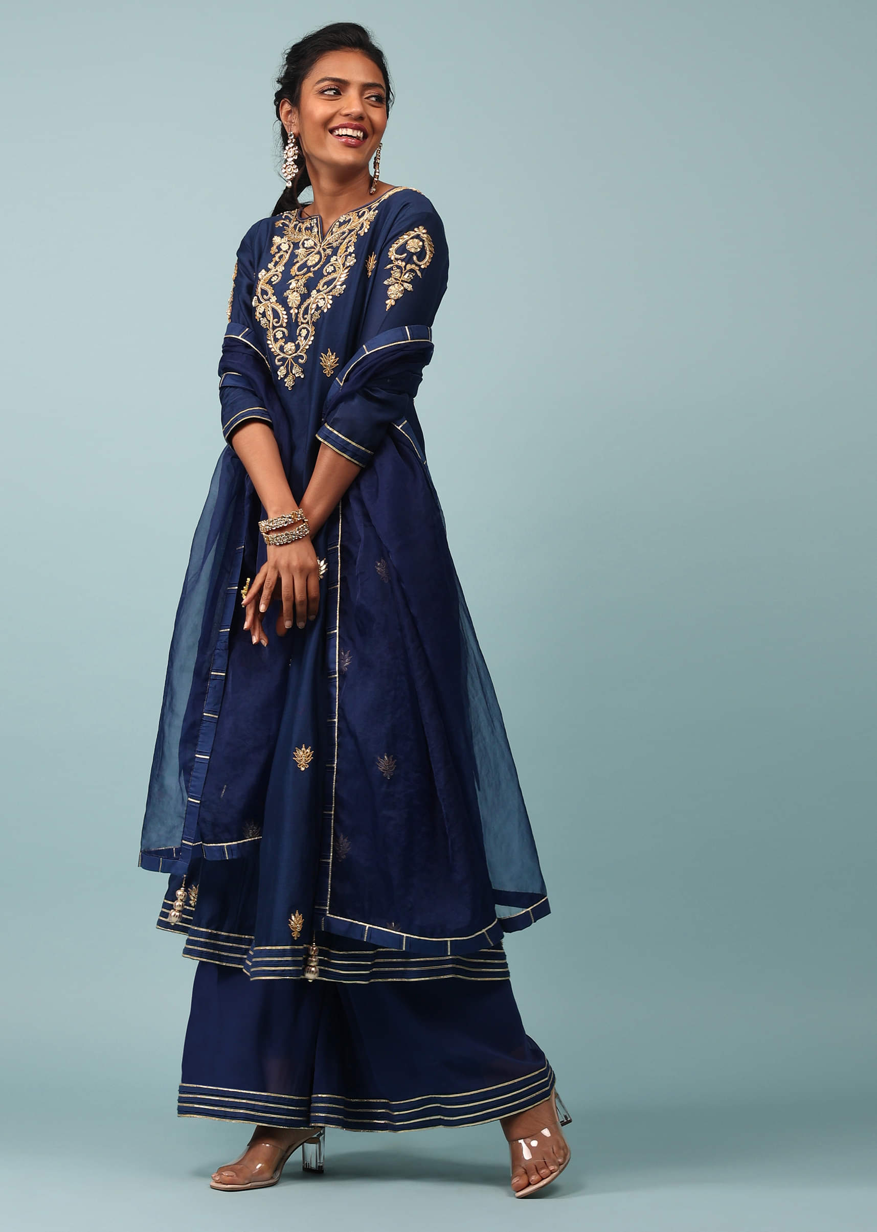 Buy Estate Blue Embroidered Palazzo Suit Set In Cotton Silk KALKI Fashion India