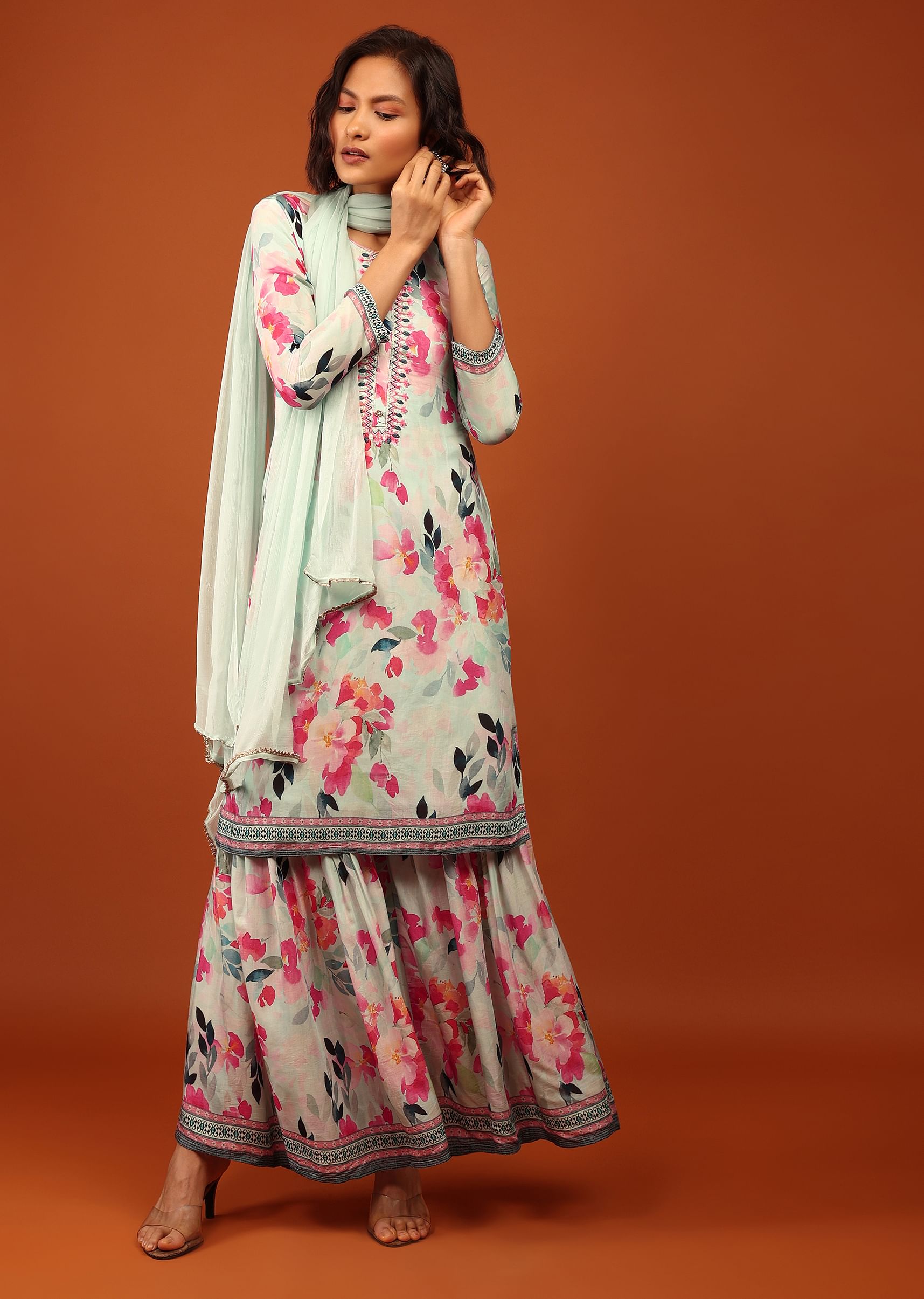 Buy Powder Blue Floral Print Sharara Suit With Flowy Sharara Palazzo In Thread Embroidery KALKI Fashion Global