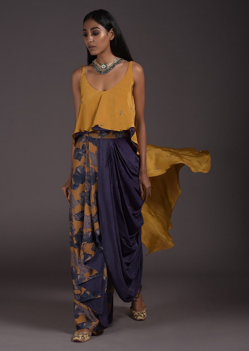 Buy Fancy Cowl Draped Dhoti Skirt With Floral Print And Mustard High Low Top Online Kalki Fashion