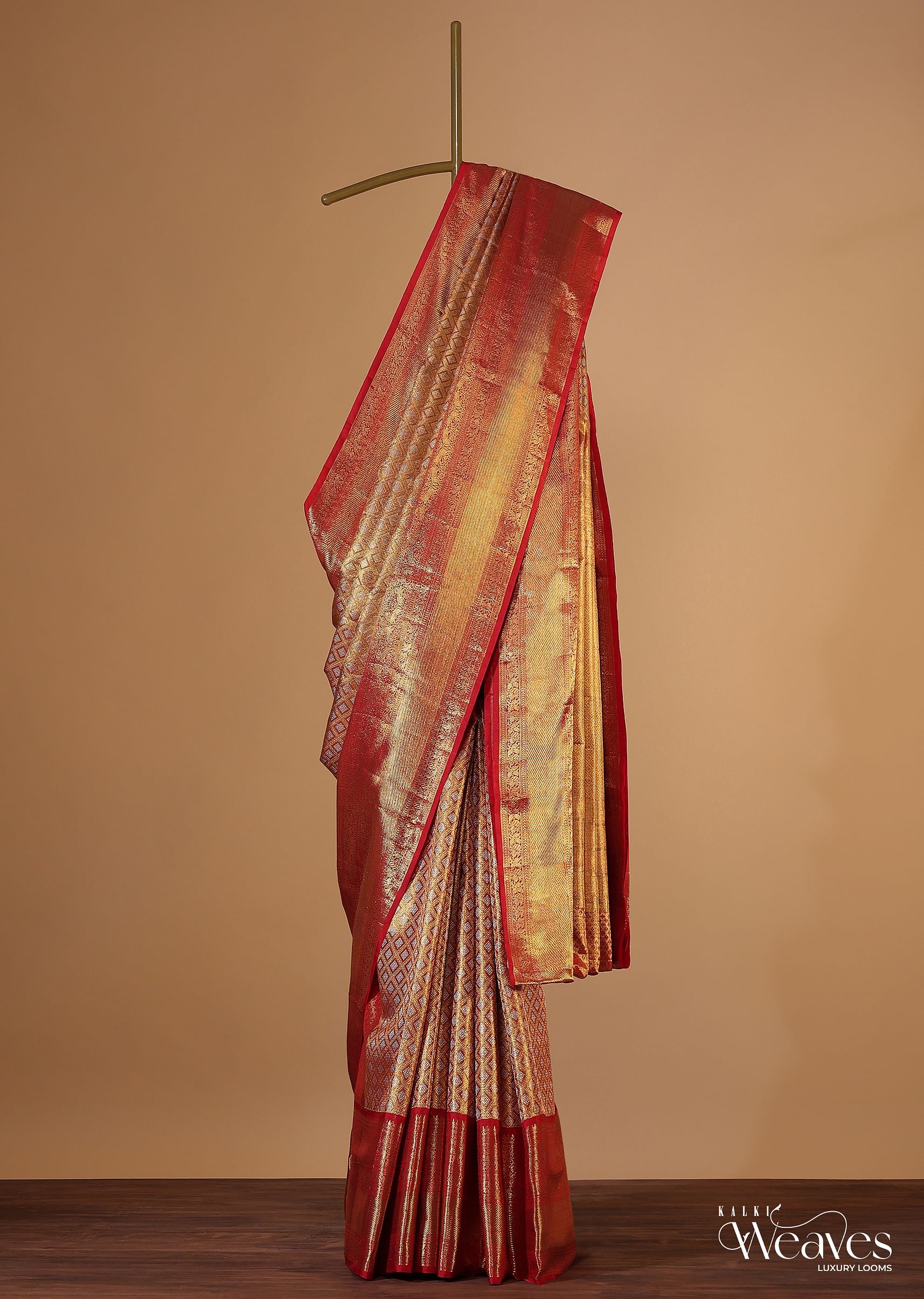 Buy Fiery Red And Gold Toned Kanjivaram Tissue Saree With 14gm Real Zari KALKI Fashion India