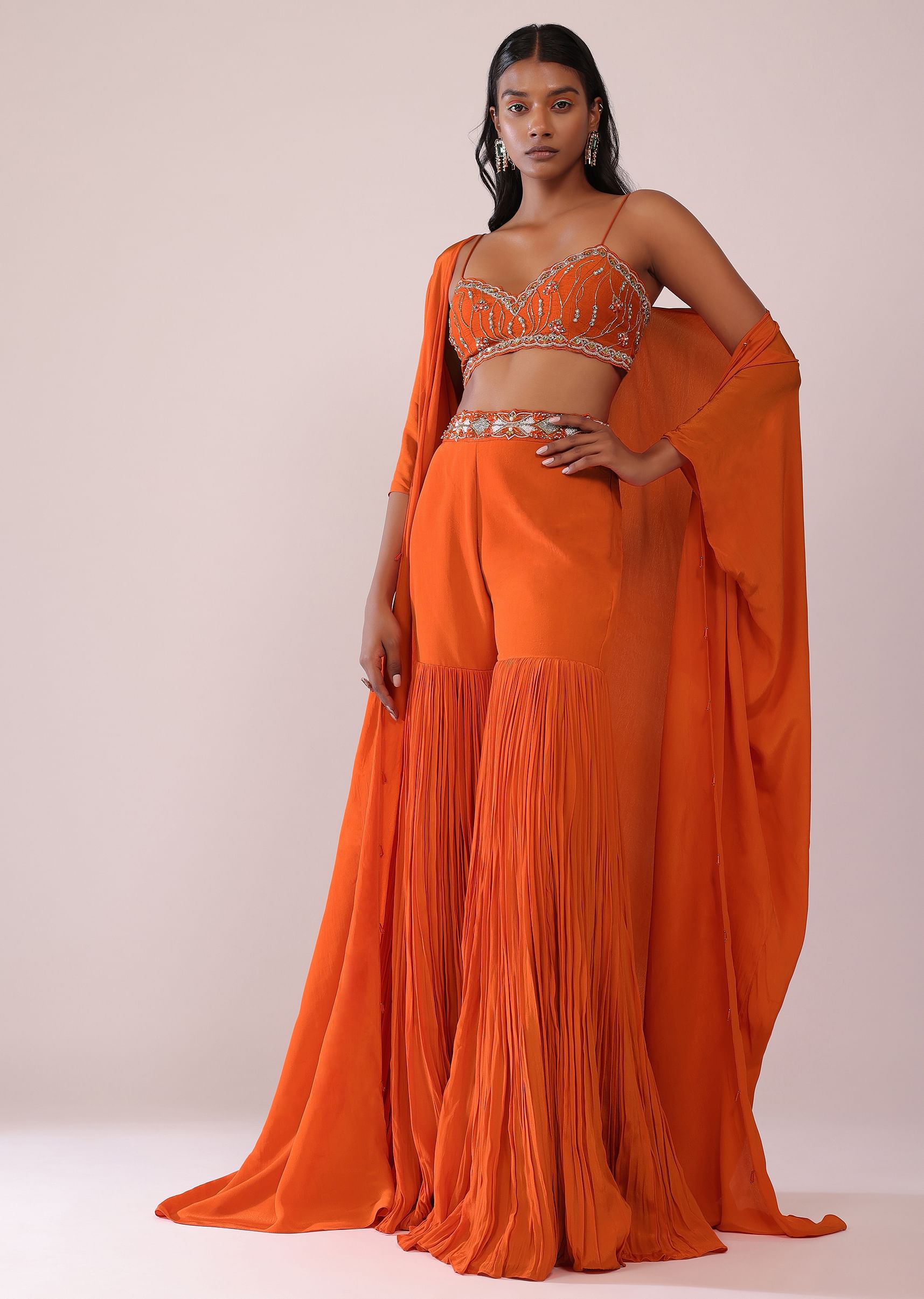 Buy Orange Sharara And Embroidered Blouse Set With Floor Length Shrug In Crepe KALKI Fashion Global