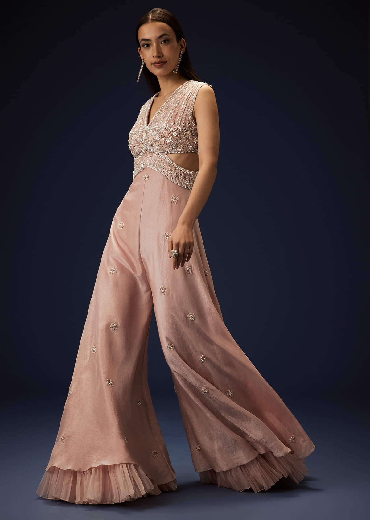 Flaming Peach Hand Embroidered Double Layer Jumpsuit