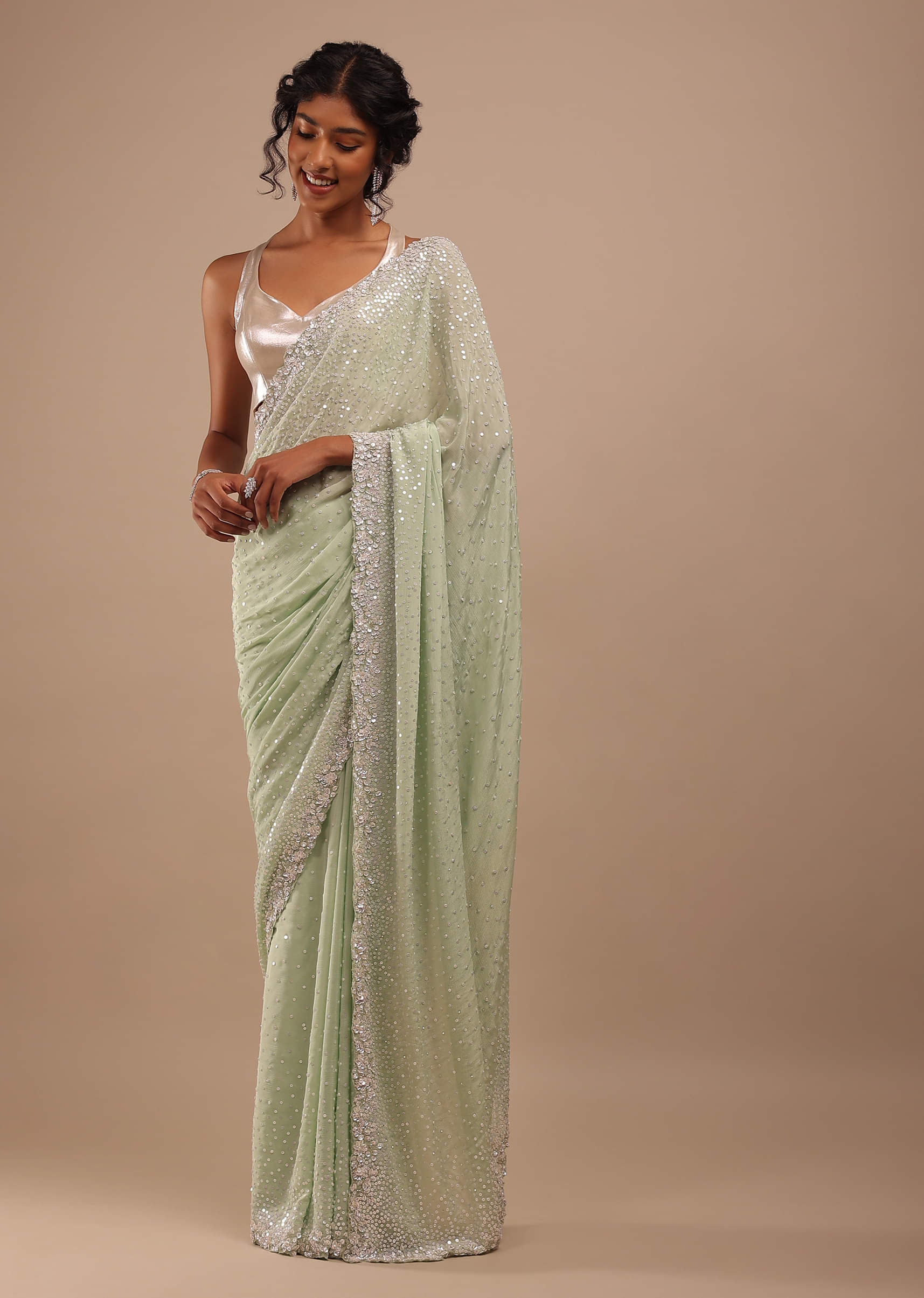 Buy Foam Green Georgette Saree In 3D Silver Petal And Floral