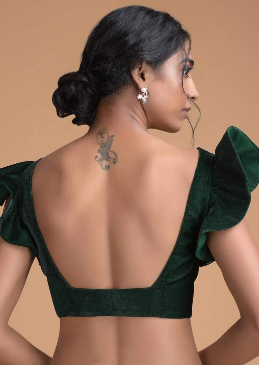 Buy Forest Green Blouse In Velvet With Trapeze Neck And