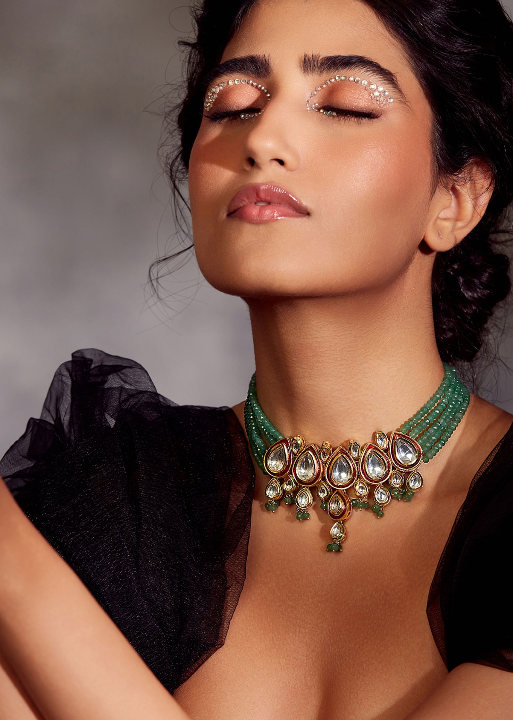 Buy Forest Green Polki Choker Necklace Worked In 22k Gold Plated Silver Alloy