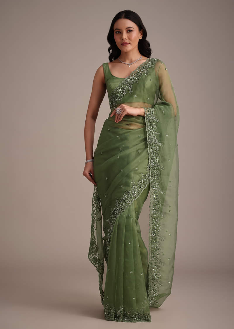 Forest Green Soft Organza Saree With Cutdana Sequin Embroidery