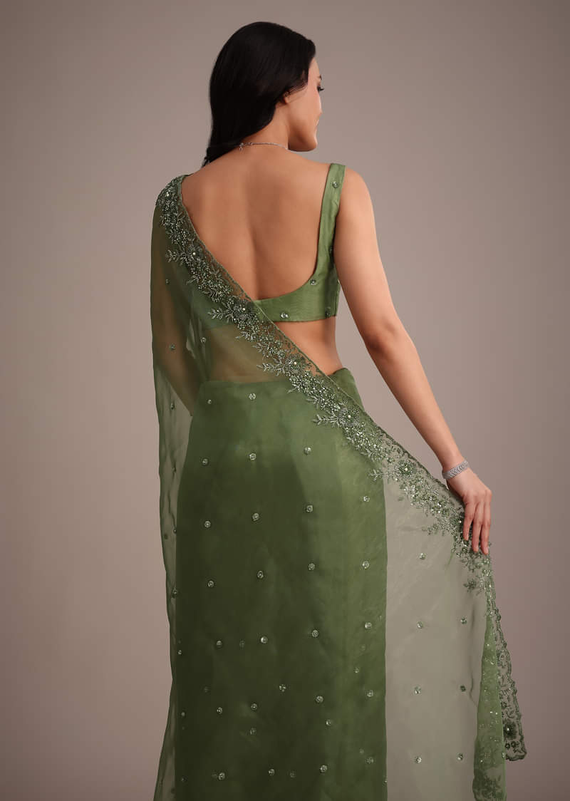 Forest Green Soft Organza Saree With Cutdana Sequin Embroidery