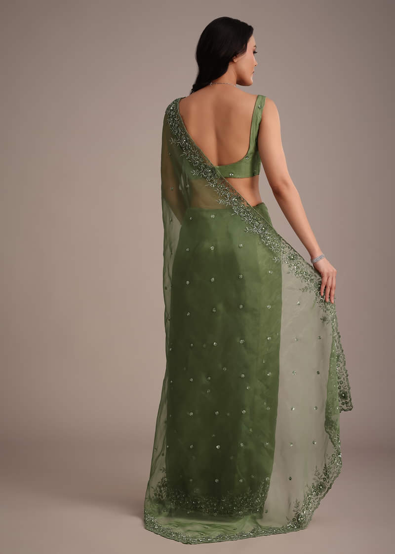 Forest Green Soft Organza Saree With Cutdana Sequin Embroidery