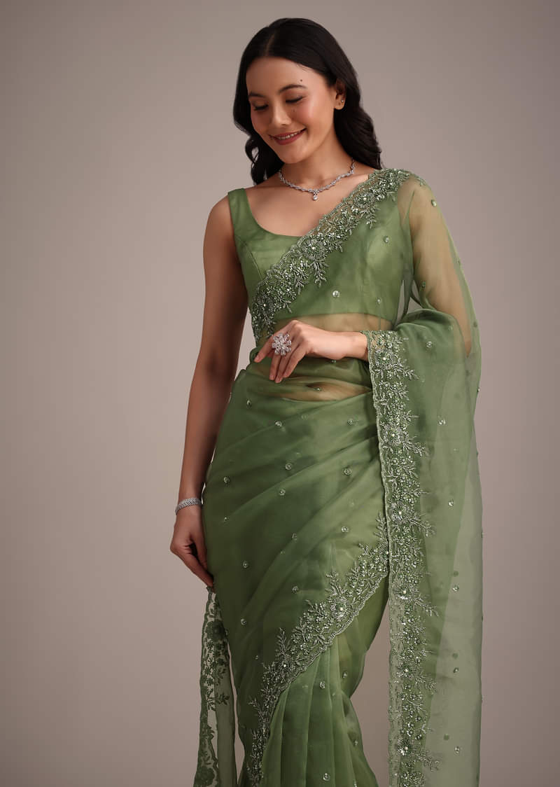 Forest Green Soft Organza Saree With Cutdana Sequin Embroidery