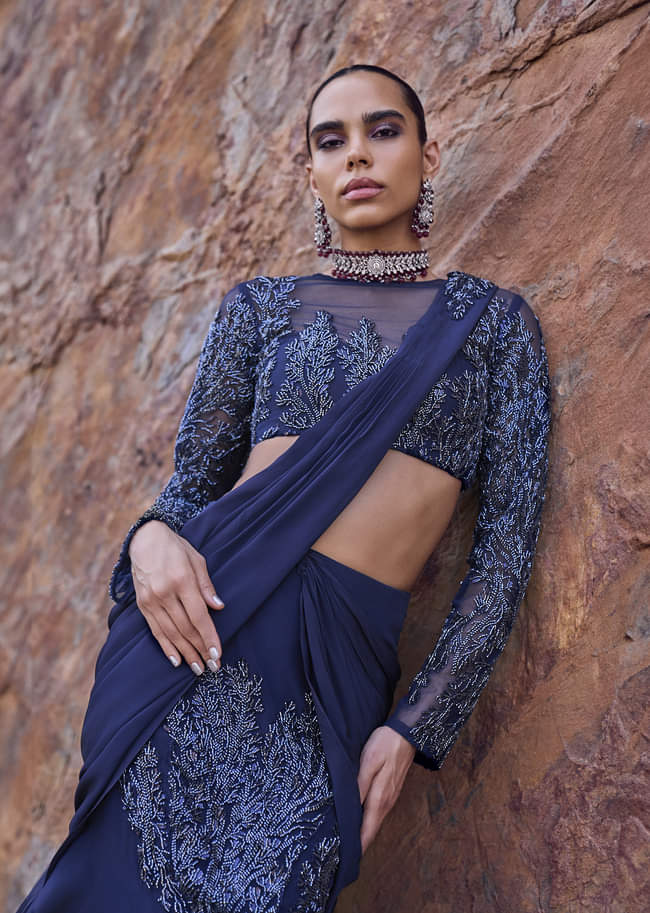 French Blue Fishcut Ready To Wear Frill Saree With Blouse