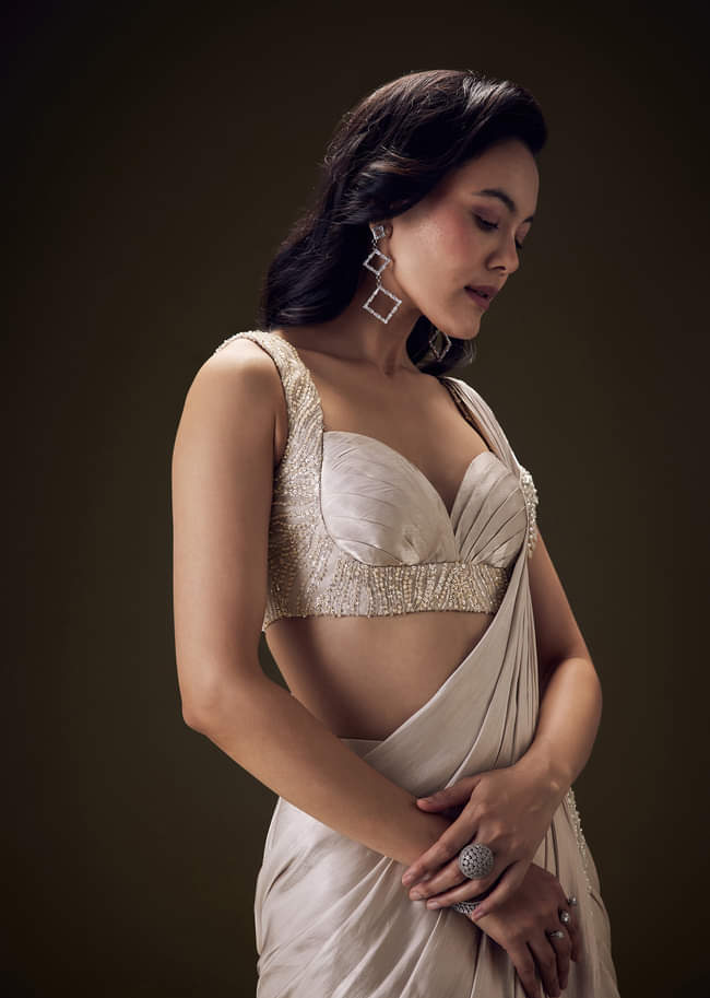 Frosted Ivory Satin Ruffled Ready Pleated Saree