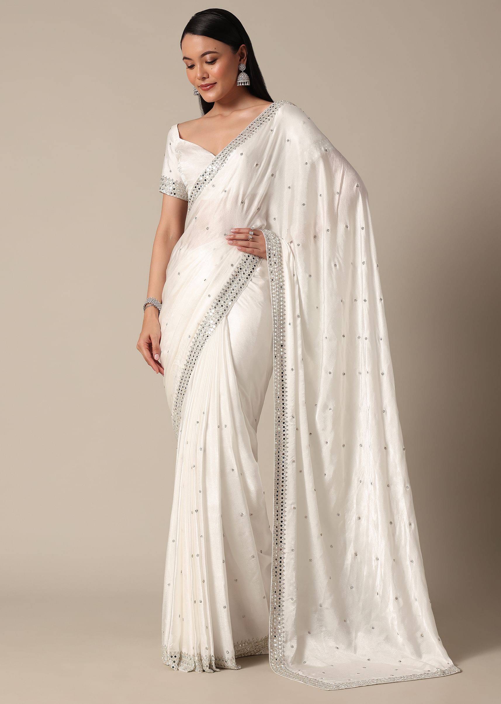 Buy Glamorous White Chinnon Saree With Stone Embellishments