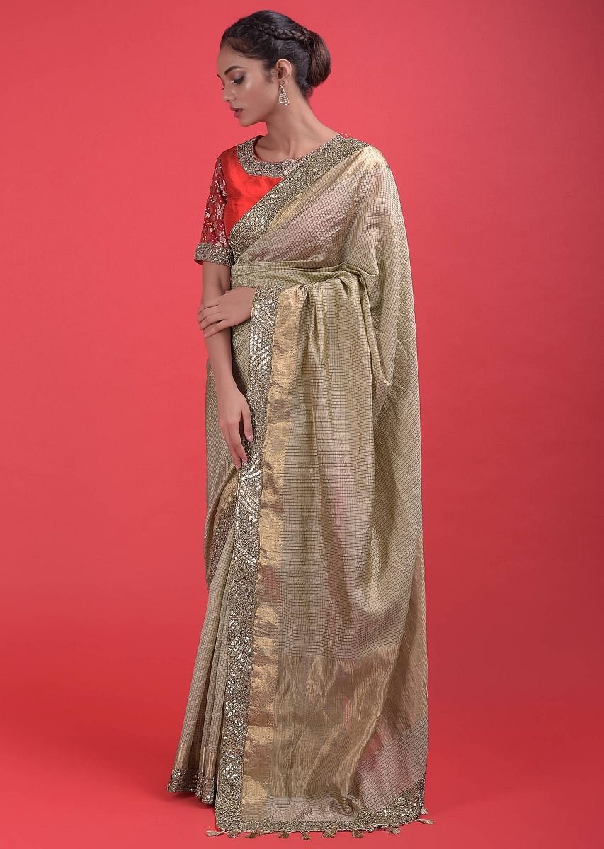 Buy Gold Beige Saree In Silk With Weaved Checks And Embellished Border Online Kalki Fashion