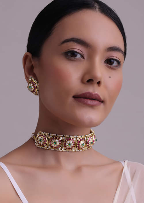 Buy Gold-Finish Jadau Kundan Choker Set With Red-Green Stones And