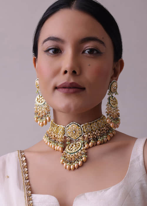 Buy Gold-Finish Kundan Choker Necklace Set With Intricate