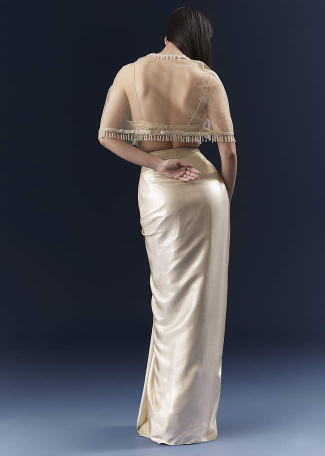 Gold Net Crop Top And Drape Skirt Set With Cutdana And Beads Work