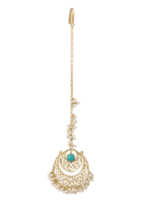 Buy Gold Plated Maang Tika With Turquoise Stone Along With Carved