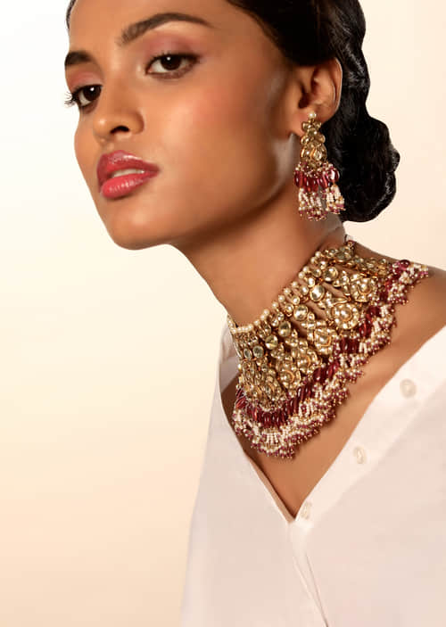 Buy Gold Plated Necklace And Earrings Set With Kundan And Moti