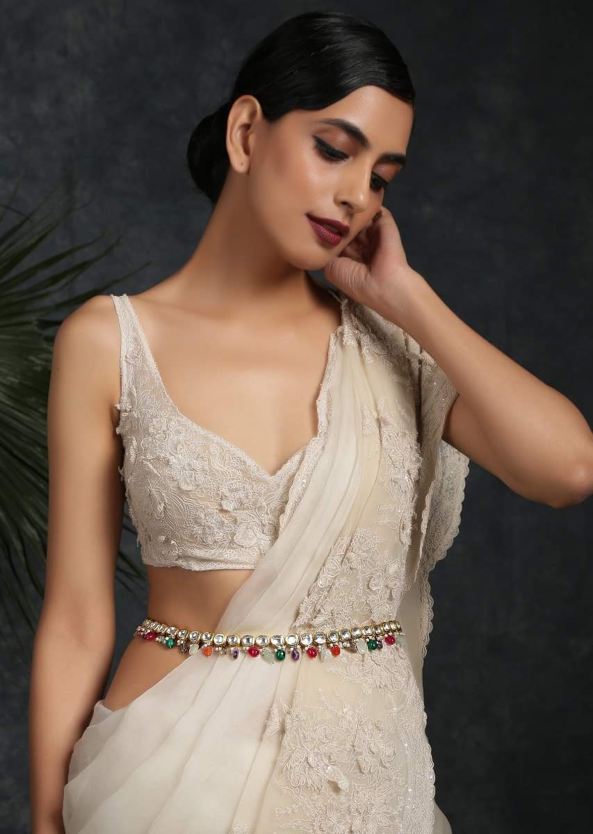 Buy Gold Plated Polki Waist belt With High Grade Shell Pearls And Dangling Multicolored Semi Precious Stones By Paisley Pop