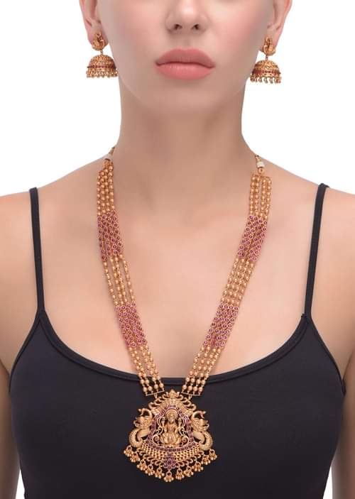 Buy Gold Plated Temple Jewellery Set With Magenta Kundan And