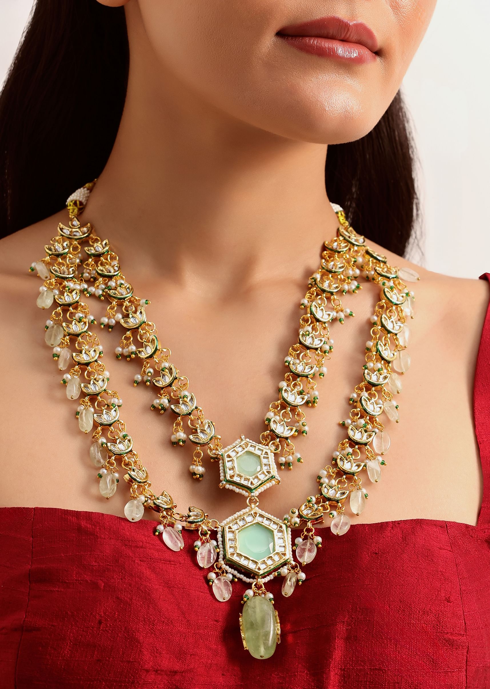 Buy Gold And Mint Green Kundan Jewellery Necklace Set In Mix Metal