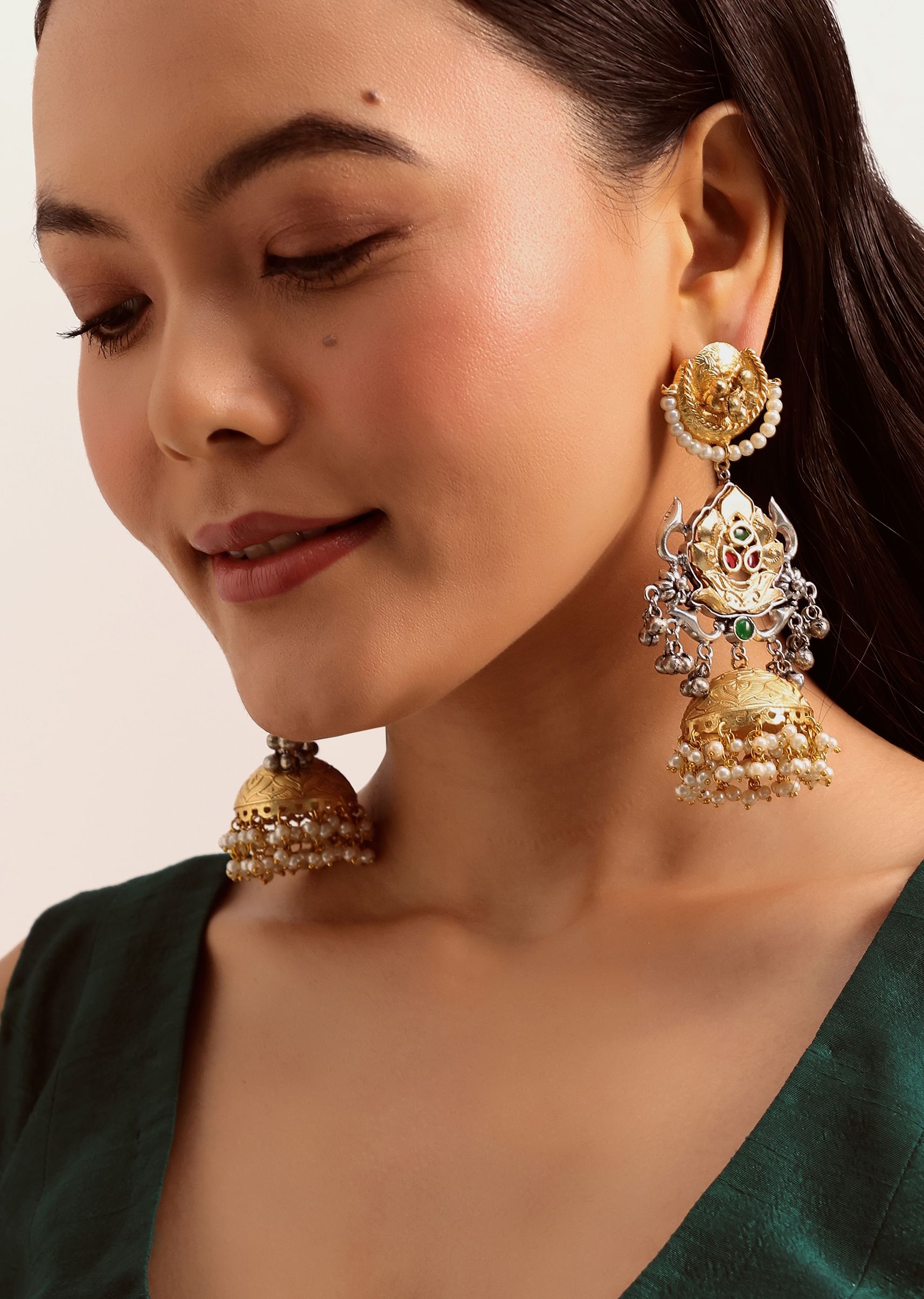 Buy Gold And White Oxidised Tribal Design Jhumkas In Mix Metal