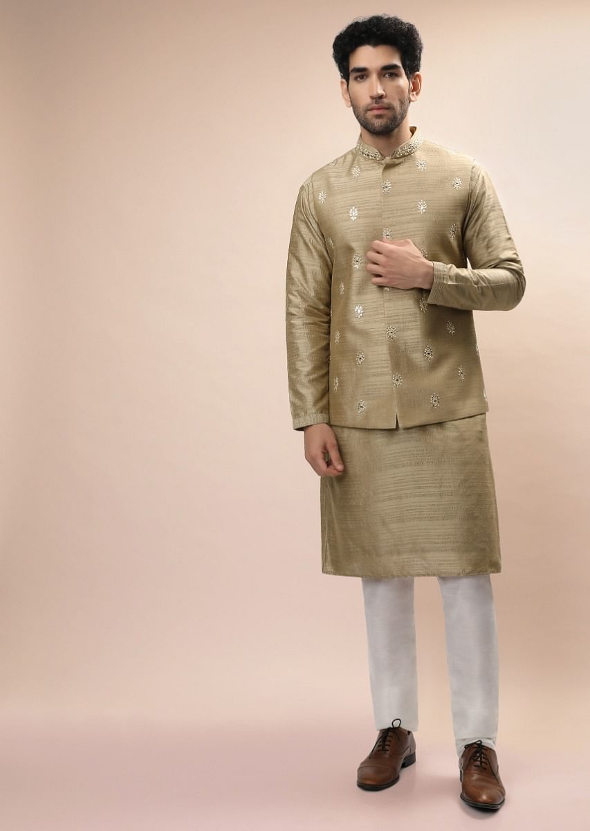 Buy Gold Beige Nehru Jacket And Kurta Set With Resham And Mirror Embroidered Buttis Online Kalki Fashion