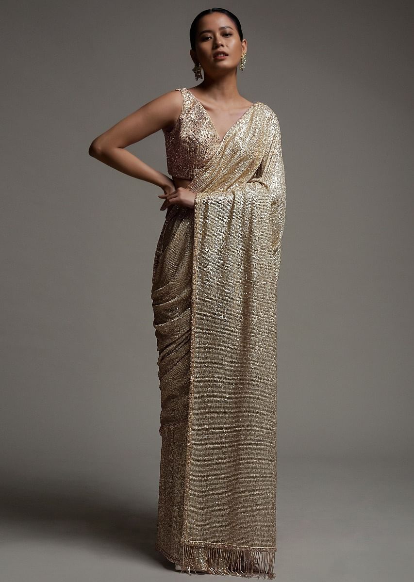 Buy Gold Beige Sequins Saree with Fringes on Pallu Online KALKI Fashion India
