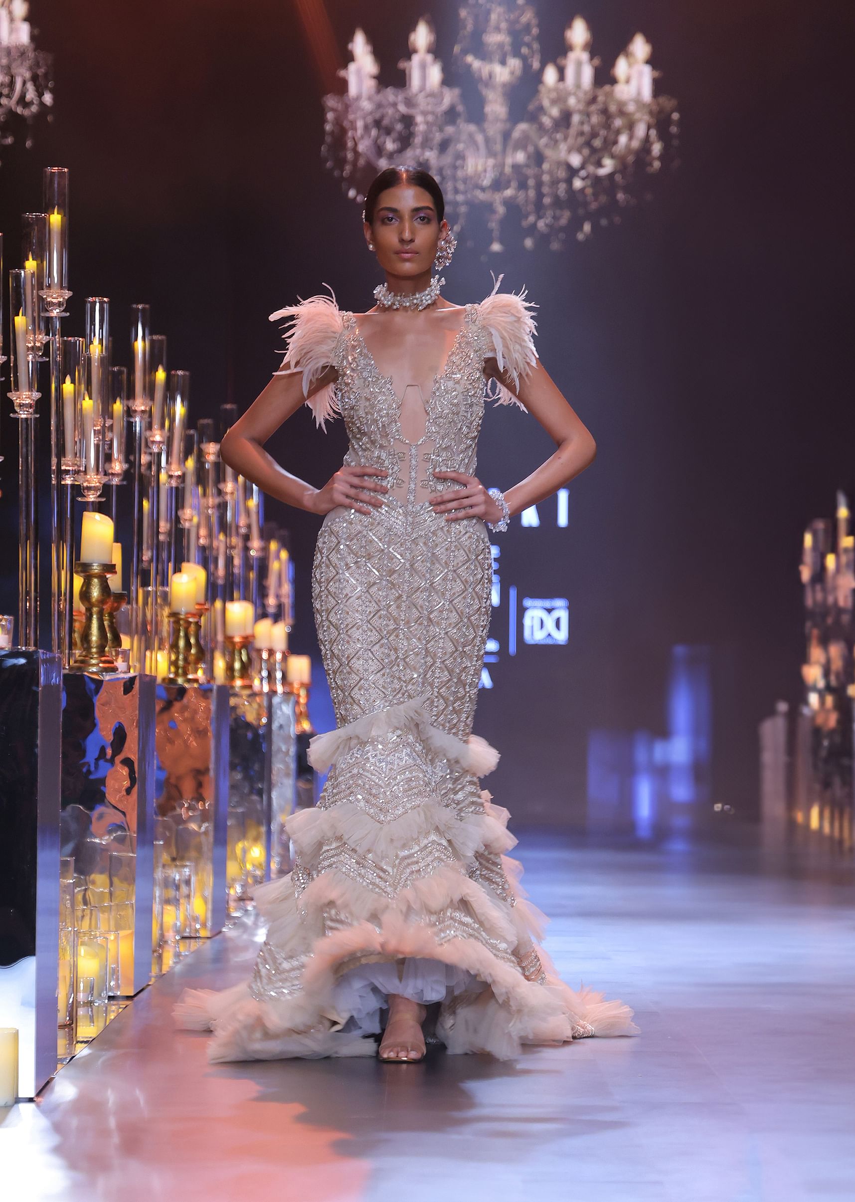 Buy Gold Bodycon Gown With Layered Detail And 3D Feathers