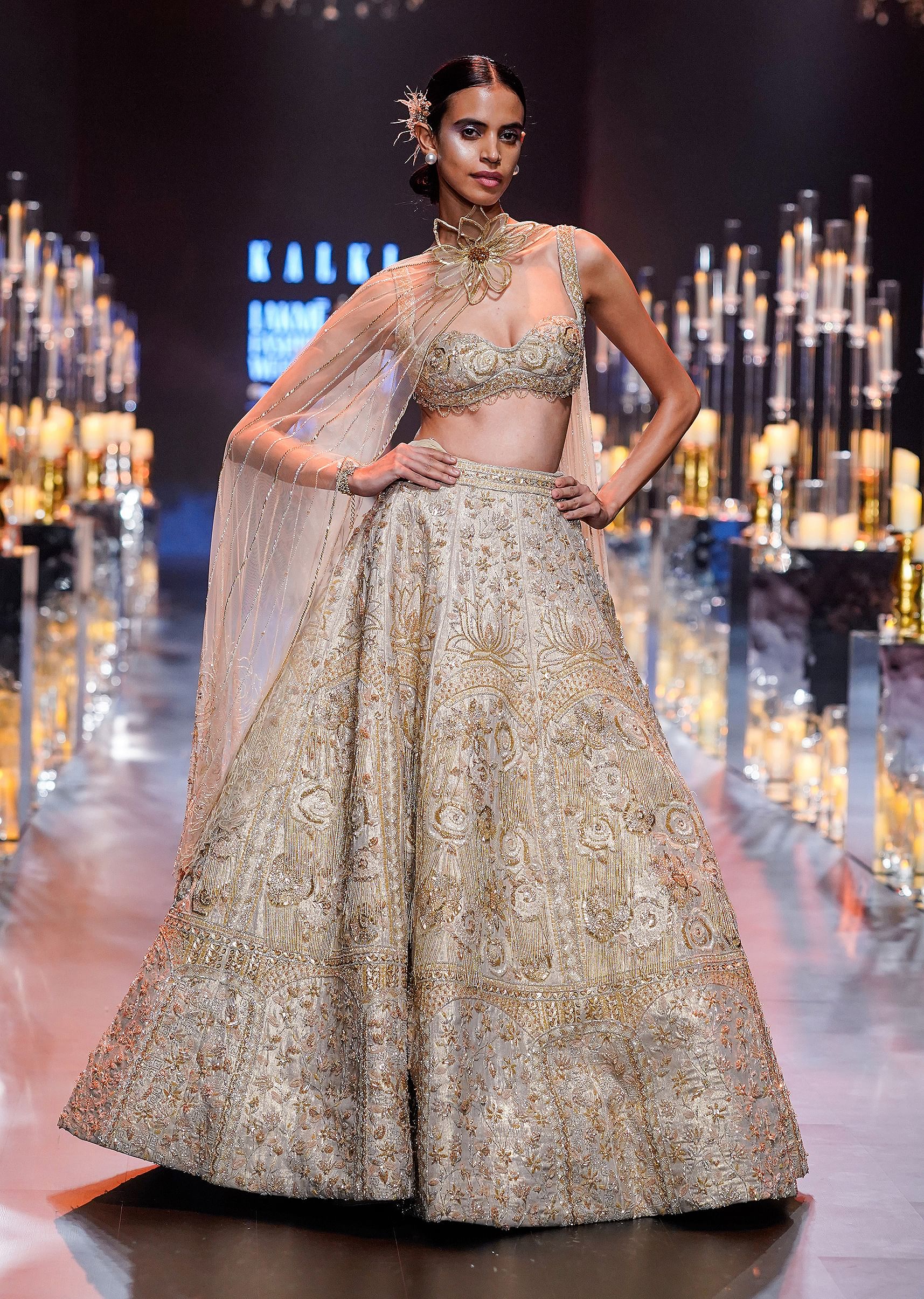 Buy Gold Bridal Lehenga with Floral Motifs Sequin KALKI Fashion Global
