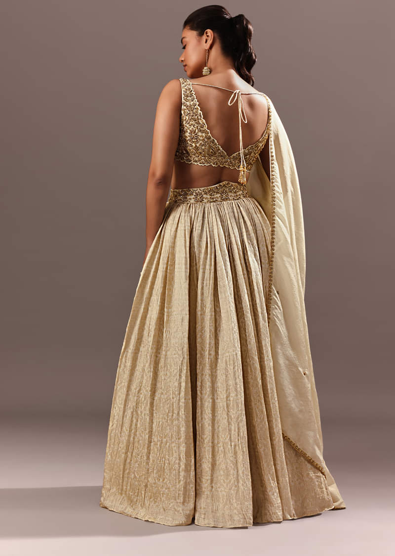 Gold Bridesmaid Brocade Lehenga With Embroidered Blouse And Dupatta
