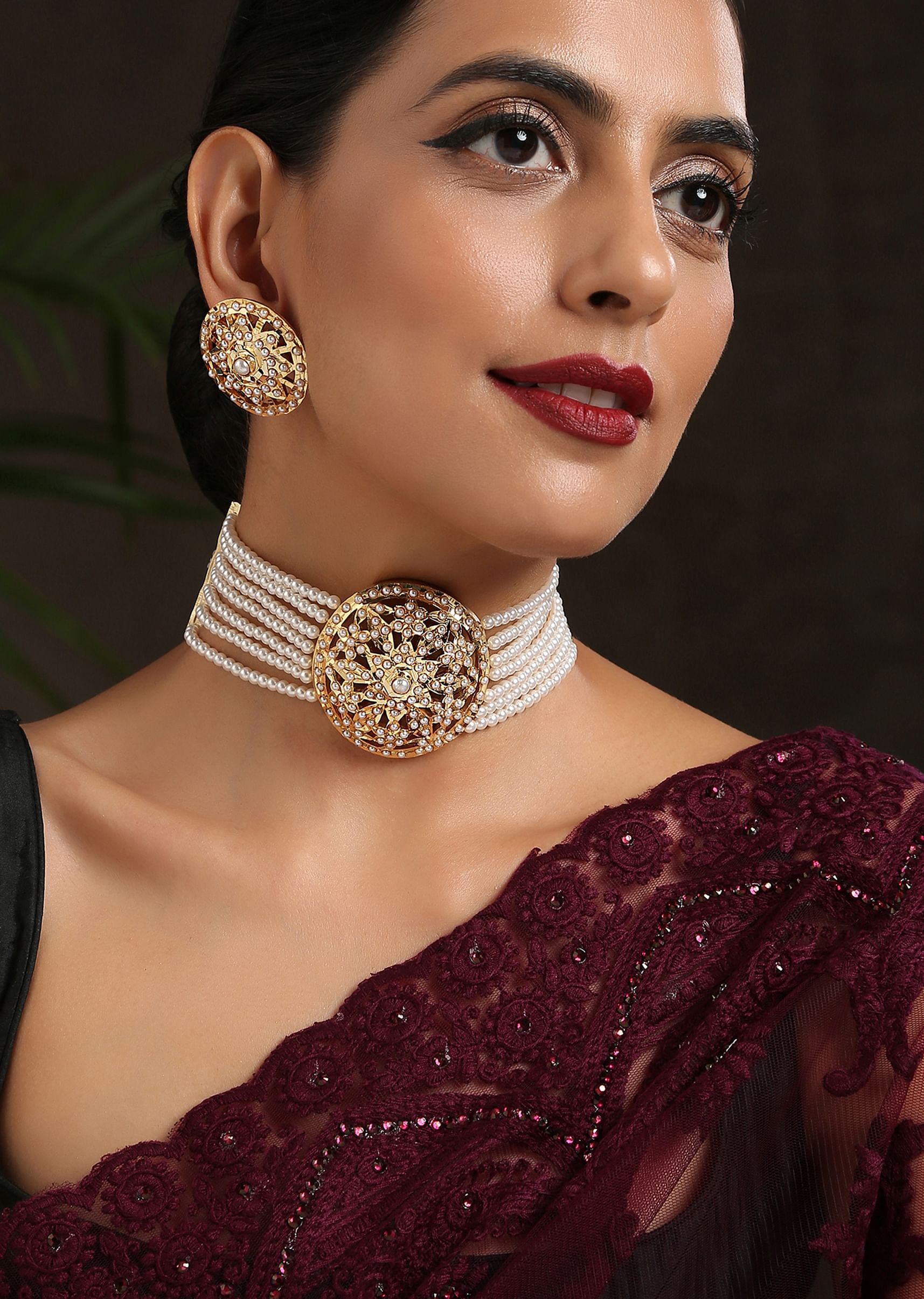 Buy Gold Choker Necklace Set With An Intricate Pendant Set In Pearl Strings By Paisley Pop KALKI Fashion Global