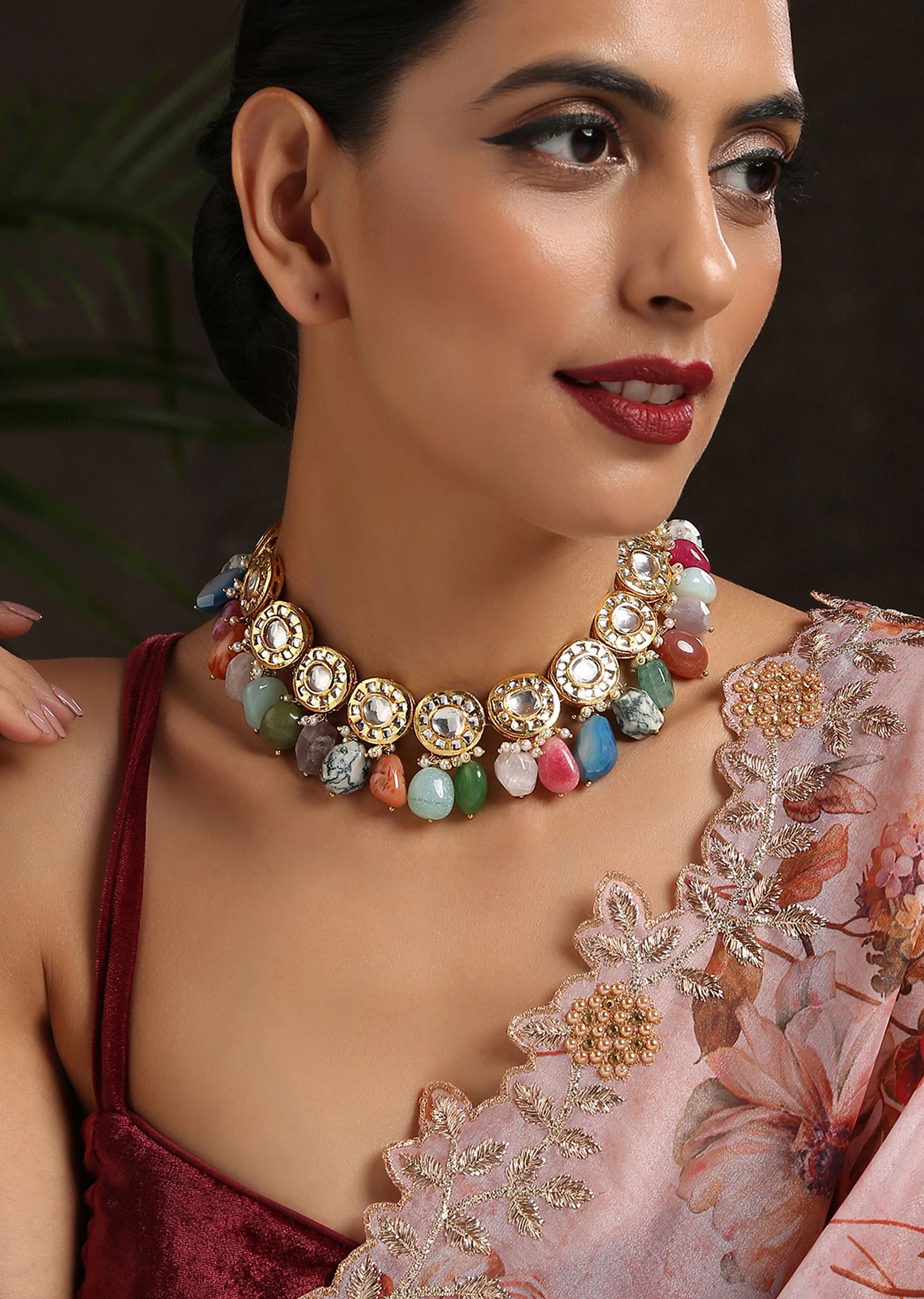 Buy Gold Choker Necklace With Navratna Stones Dangling From Classy Kundan Design KALKI Fashion India