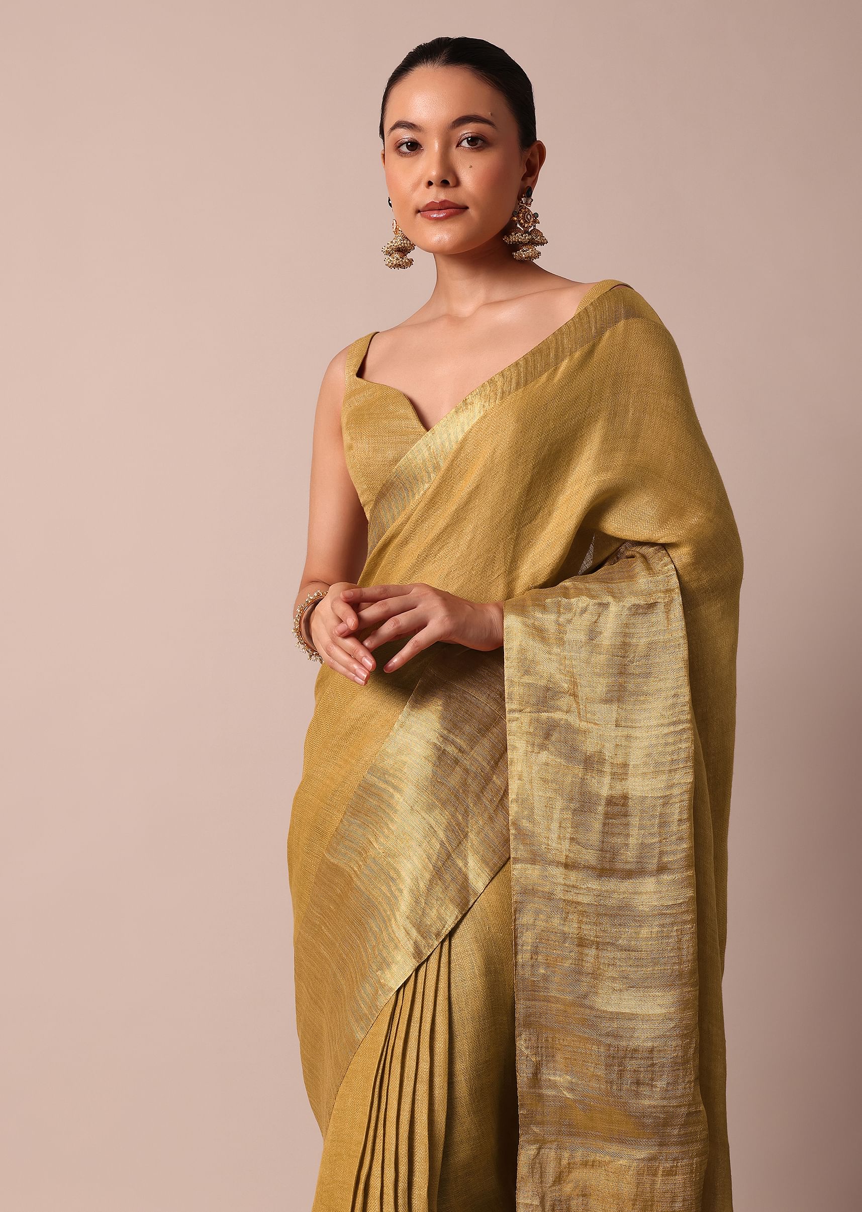 Buy Gold Cotton Linen Saree With Zari Border And Unstitched Blouse Piece KALKI Fashion Global