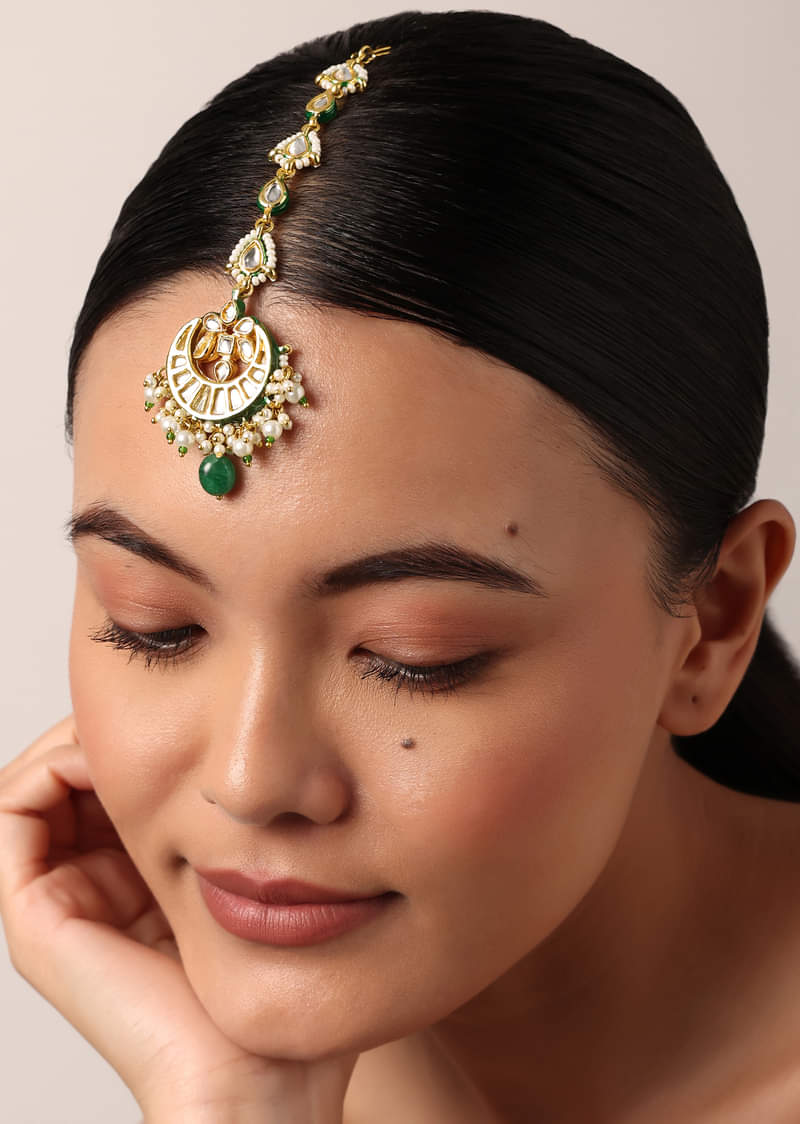 Gold Finish Crescent Mangtikka With Pearl And Green Drops