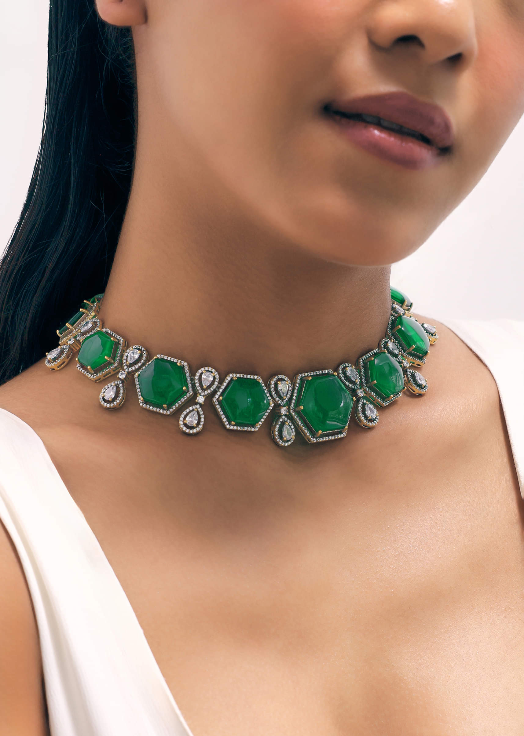 Buy Gold Finish Emerald Stone Short Necklace Set KALKI Fashion India