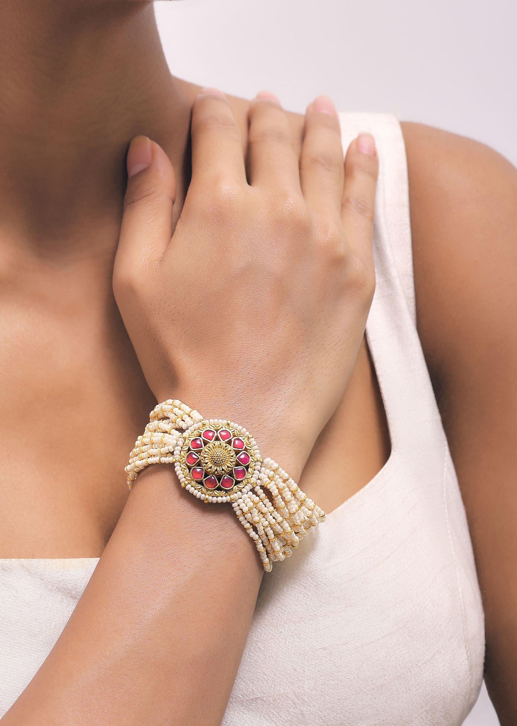 Buy Gold Finish Kundan Bracelet With Ruby Stone And Pearl In Mix Metal