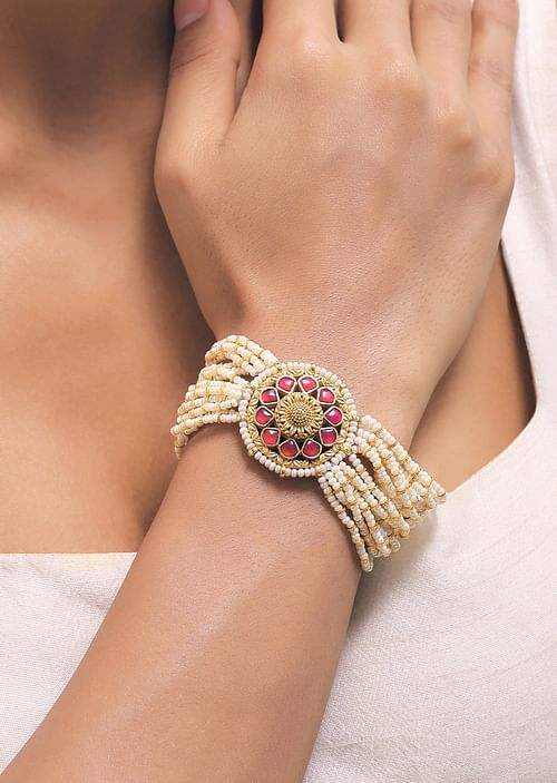 METAL BEAD BRACELET W/STONE BEADS & PEARLS PINK & YELLOW MIX METAL BEAD BRACELET W/STONE BEADS & PEARLS PINK & YELLOW MIX