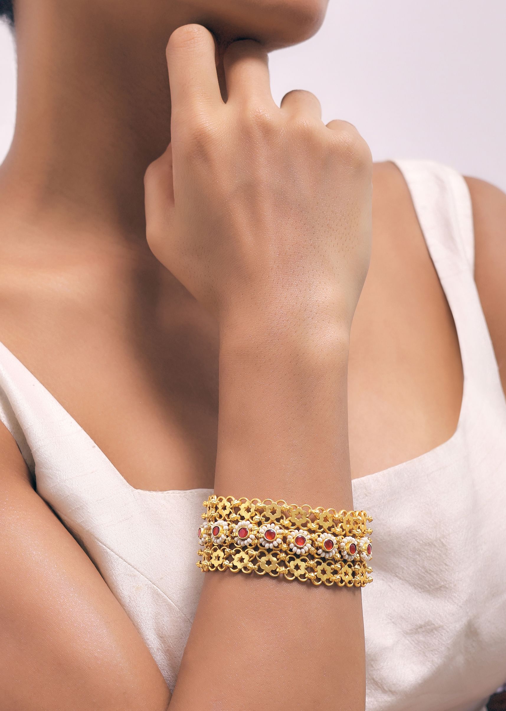 Buy Gold Finish Kundan Bracelet With Ruby Stones In A Mix Metal