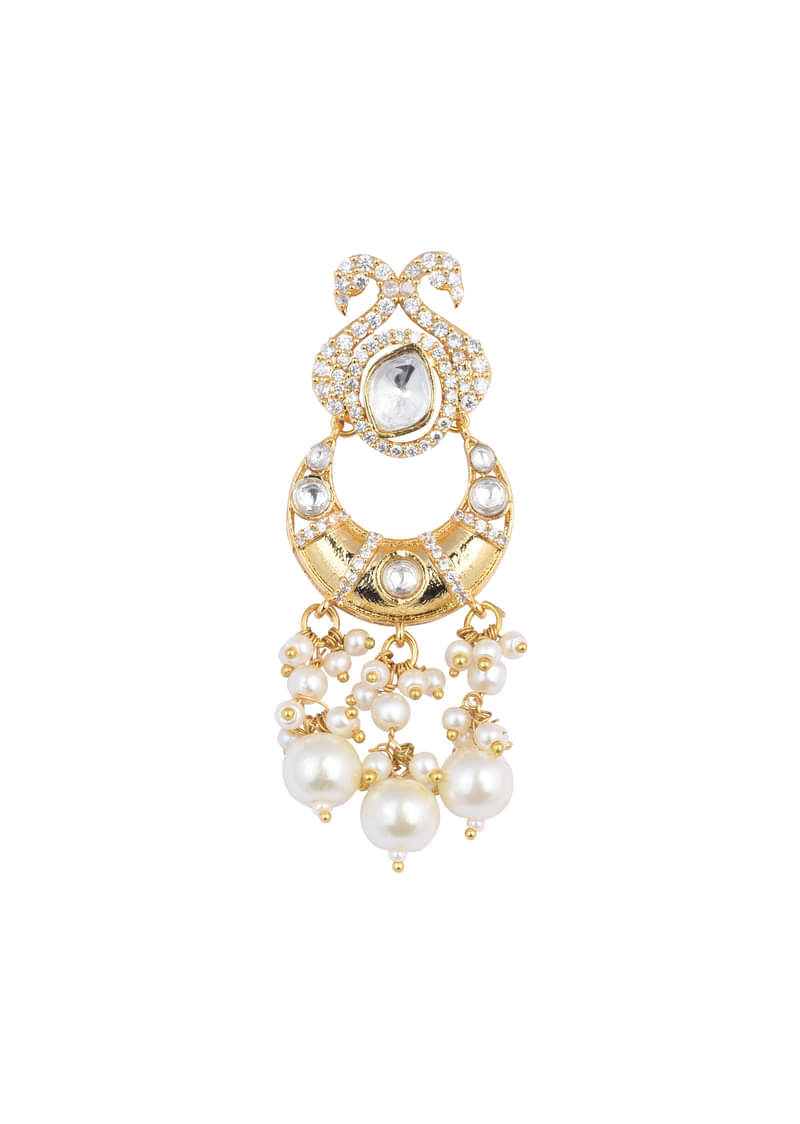 Gold Finish Kundan Chandbalis With Pearl Drops