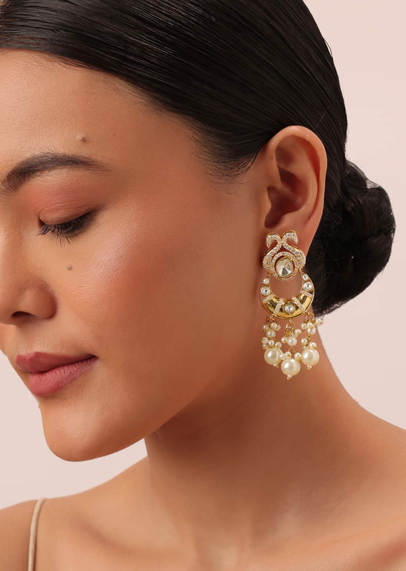 Gold Finish Kundan Chandbalis With Pearl Drops