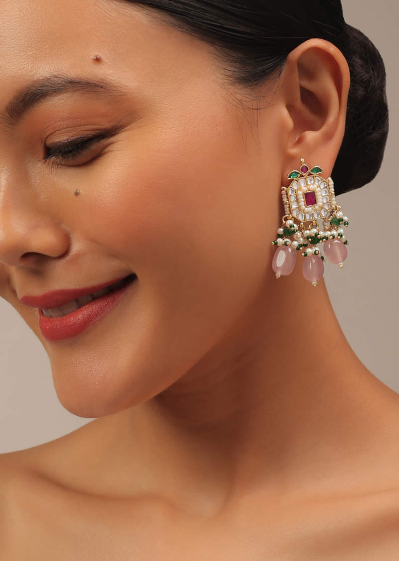 Gold Finish Kundan Polki Choker Set With Peach Drops